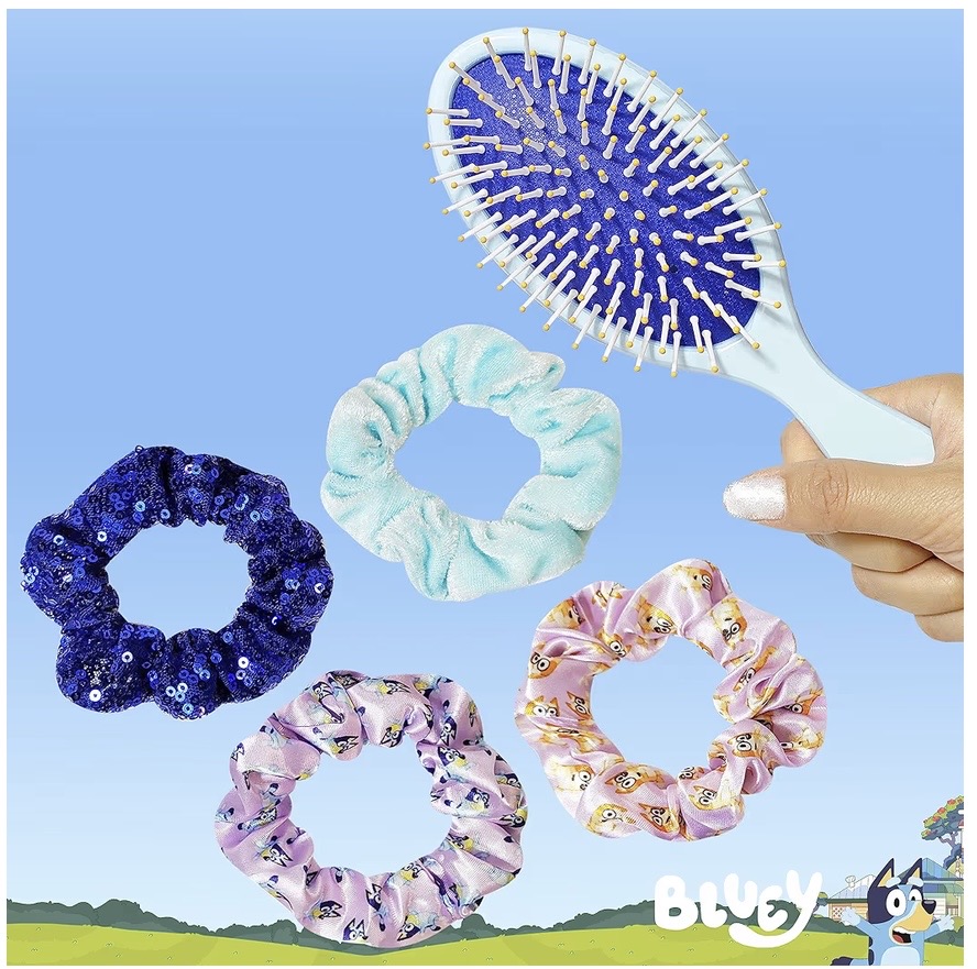 Juego de accesorios para el cabello Bluey de 5 piezas - 1 cepillo de 9 pulgadas Bluey para niñas + 4 scrunchies Bluey — foto 1
