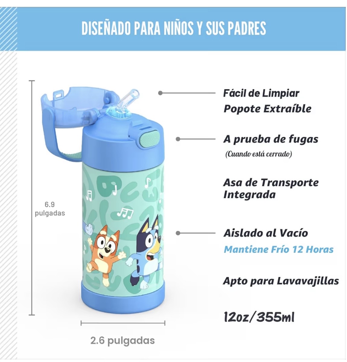 THERMOS FUNTAINER - Botella de agua con pajita, 12 onzas, azul Botella de agua aislada de acero inoxidable para niños — foto 2