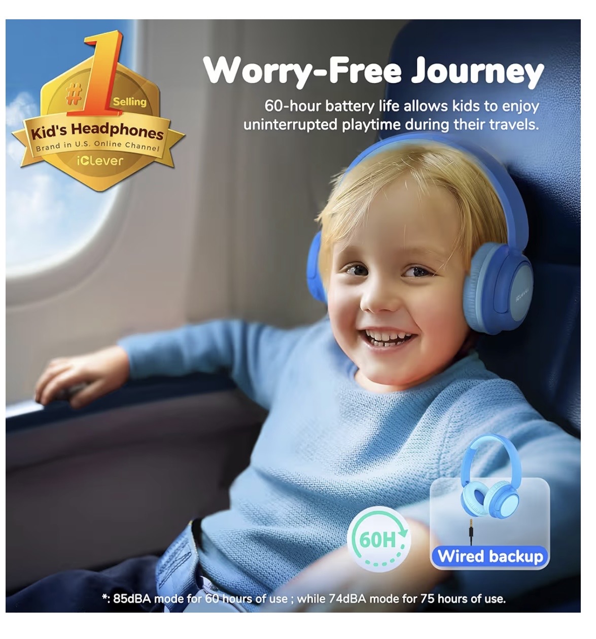 iClever BTH22 - Auriculares Bluetooth para niños, tiempo de reproducción de 60 horas, carga rápida USB C, Bluetooth — foto 2