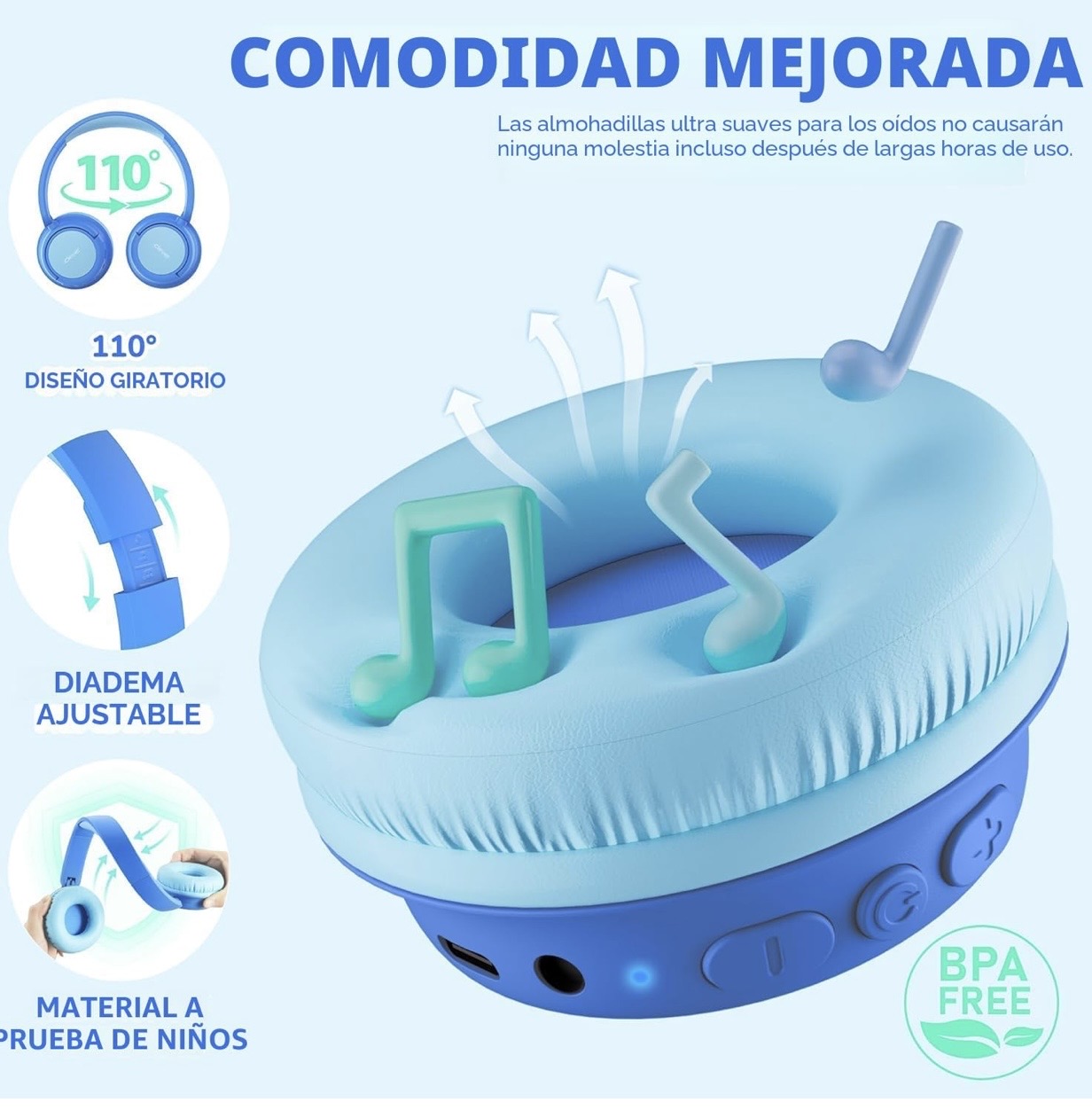 iClever BTH22 - Auriculares Bluetooth para niños, tiempo de reproducción de 60 horas, carga rápida USB C, Bluetooth — foto 5